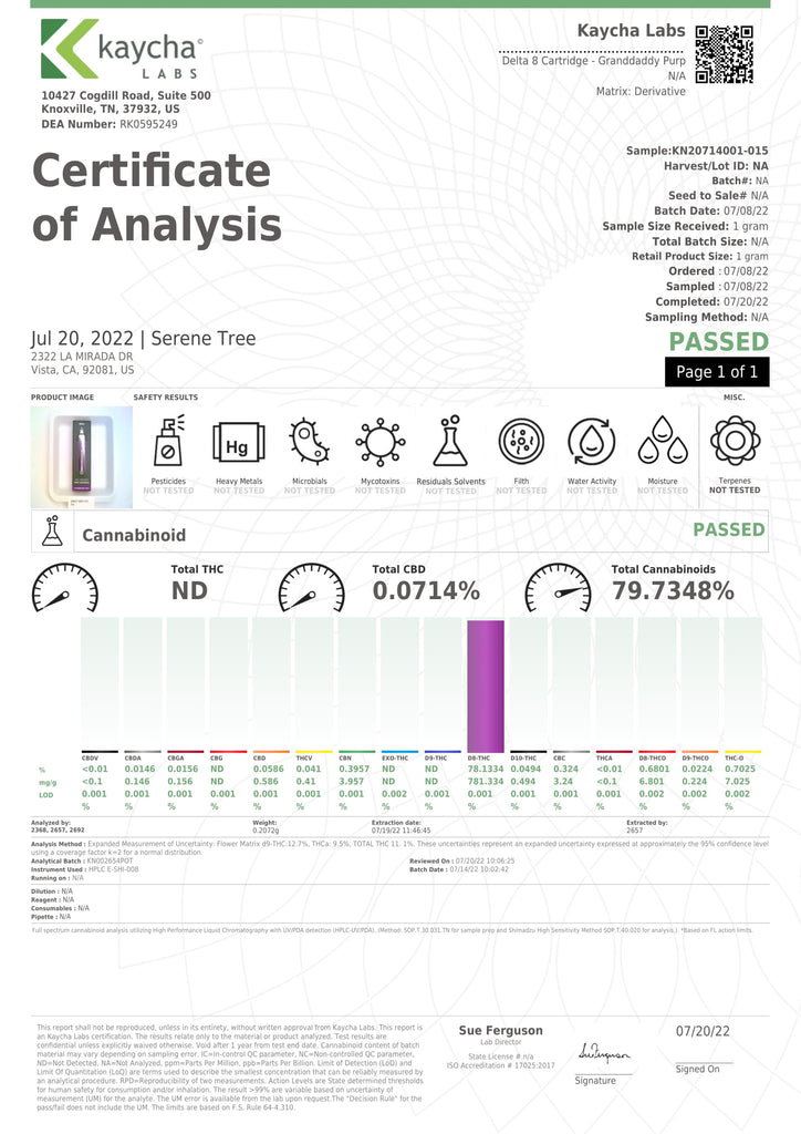 Serene Tree Delta-8 Vape Cartridge - 1 Gram - Granddaddy Purp