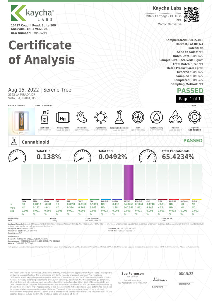 Serene Tree Delta-9 THC Vape Cartridge - 1 Gram - OG Kush