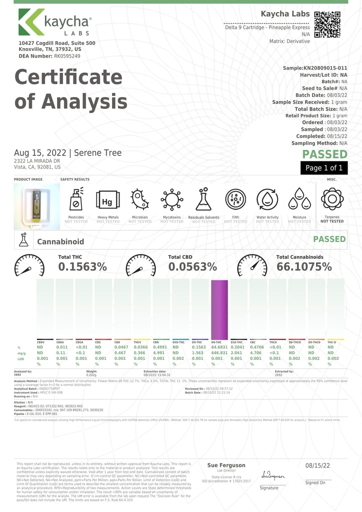 Serene Tree Delta-9 THC THC Vape Cartridge - 1 Gram - Pineapple Express