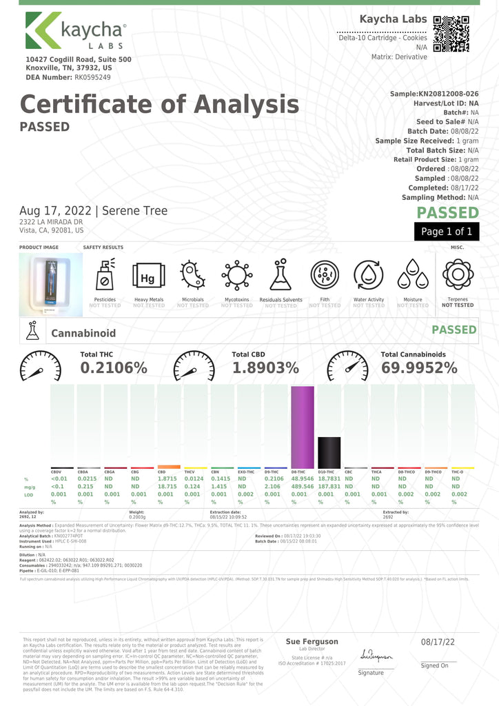 Serene Tree Delta-10 Vape Cartridge - 1 Gram - Cookies